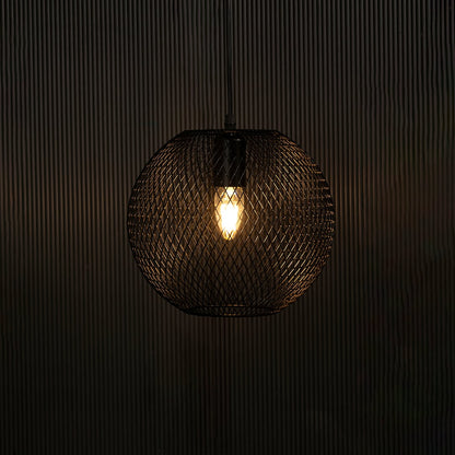 Elegant black metal pendant light illuminated on dark background highlighting intricate mesh detailing and modern industrial style.