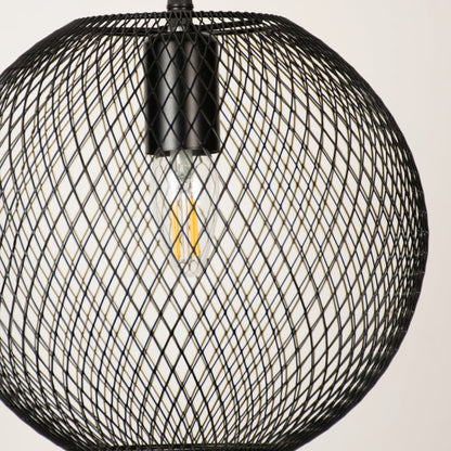 Close view of black mesh pendant light showing detailed craftsmanship smooth metal finish and fine industrial design elegance.