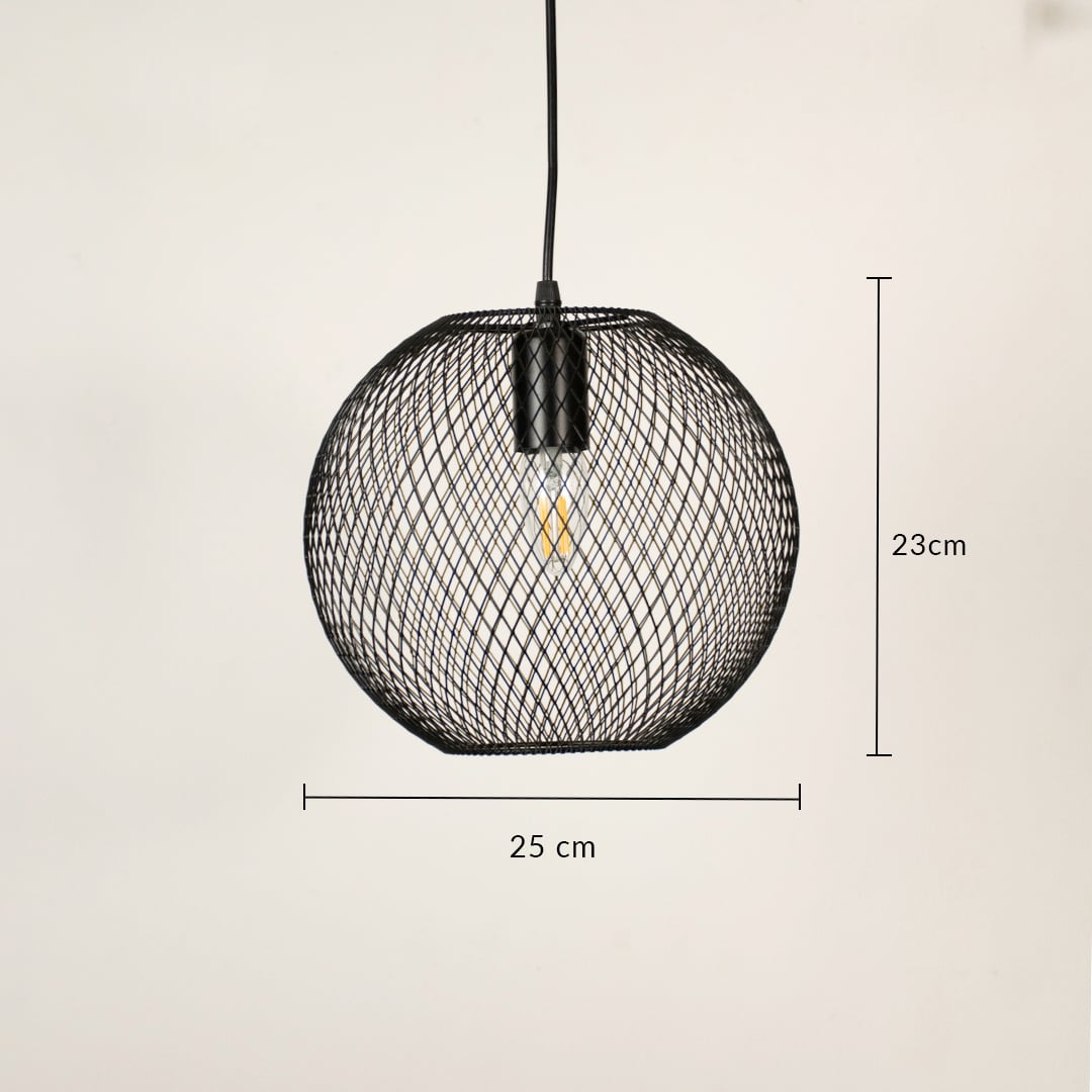 Round black metal mesh pendant light displaying 25 cm height and 30 cm diameter suitable for modern interior ceiling decor.