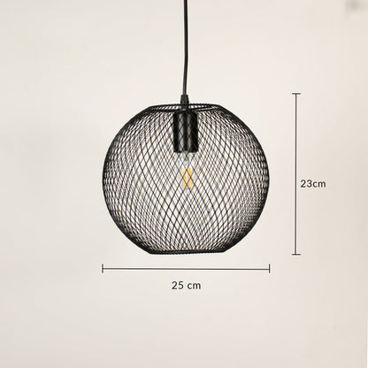 Round black metal mesh pendant light displaying 25 cm height and 30 cm diameter suitable for modern interior ceiling decor.