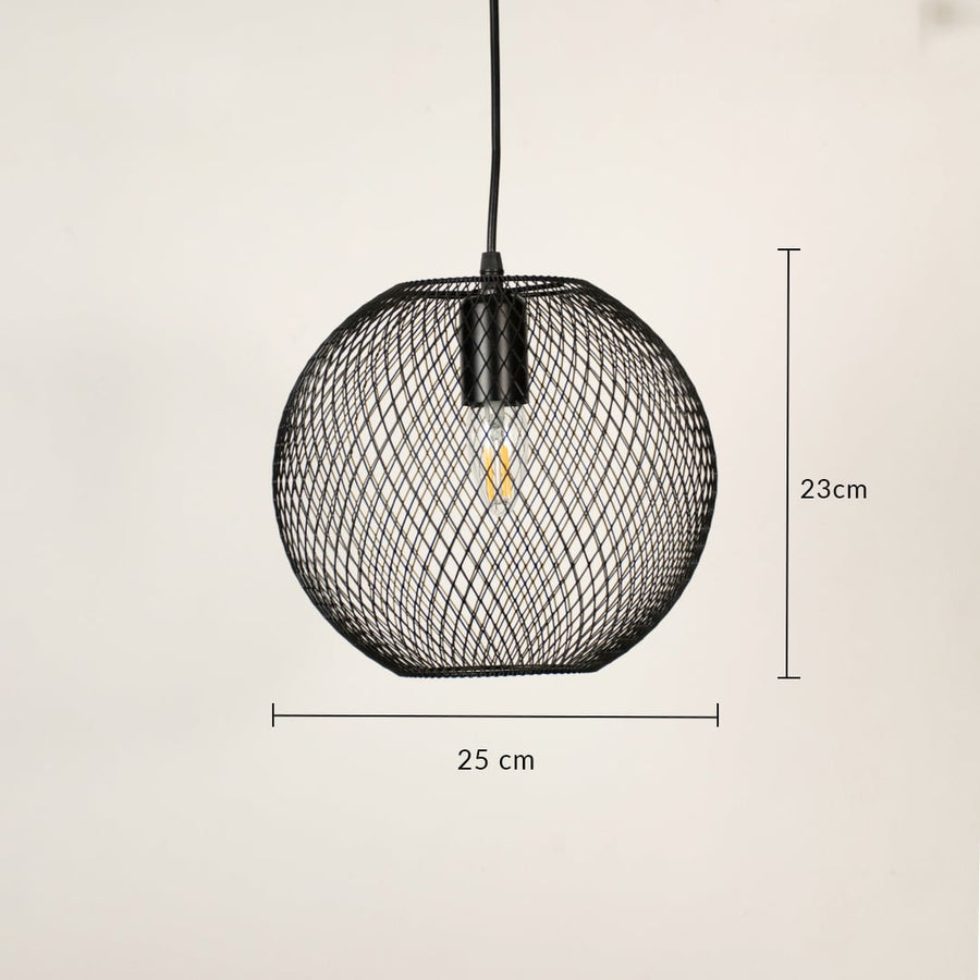 Round black metal mesh pendant light displaying 25 cm height and 30 cm diameter suitable for modern interior ceiling decor.