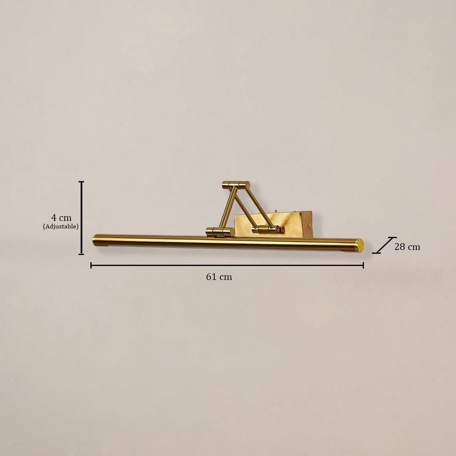 Gold adjustable picture light measuring 61 cm width and 28 cm depth displayed on white background for wall decor reference.