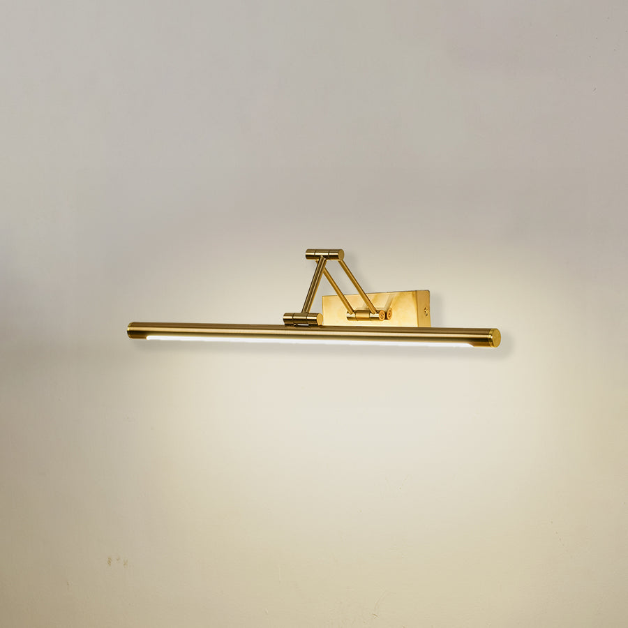 Modern wall light in gold metal finish with linear bar design for bathroom or vanity decor lighting white background.