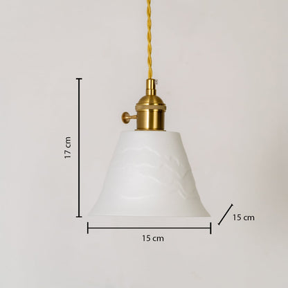 White glass and brass pendant light dimension image with 15 cm width and 17 cm height for bedside placement.