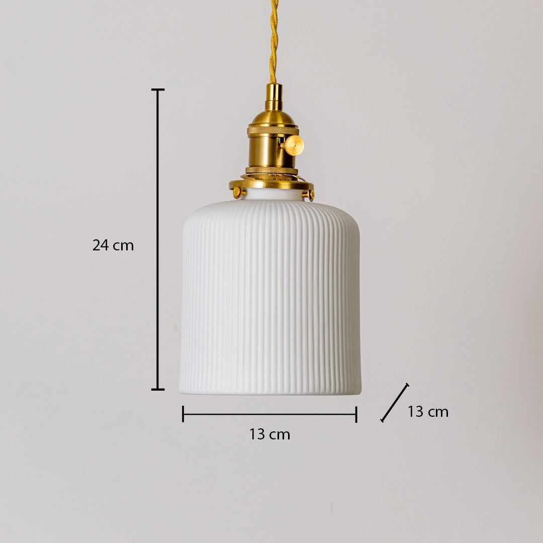 Ribbed white glass pendant light measuring 24 cm height and 13 cm width displayed on white background for home decor.