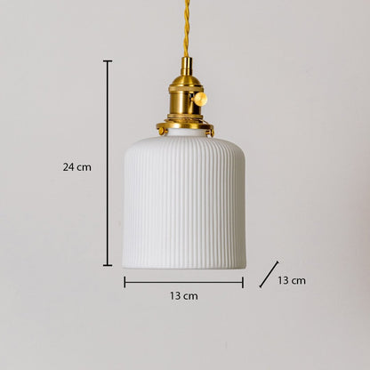 Ribbed white glass pendant light measuring 24 cm height and 13 cm width displayed on white background for home decor.