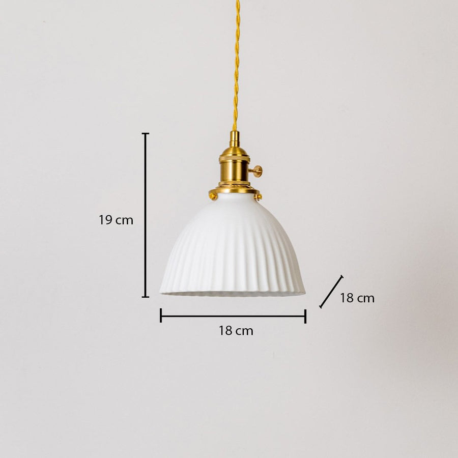 Fluted white glass pendant light measuring 19 cm height and 18 cm width displayed on white background for home decor.