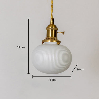 Round ribbed white glass pendant light measuring 22 cm height and 16 cm width shown on white background for home decor.