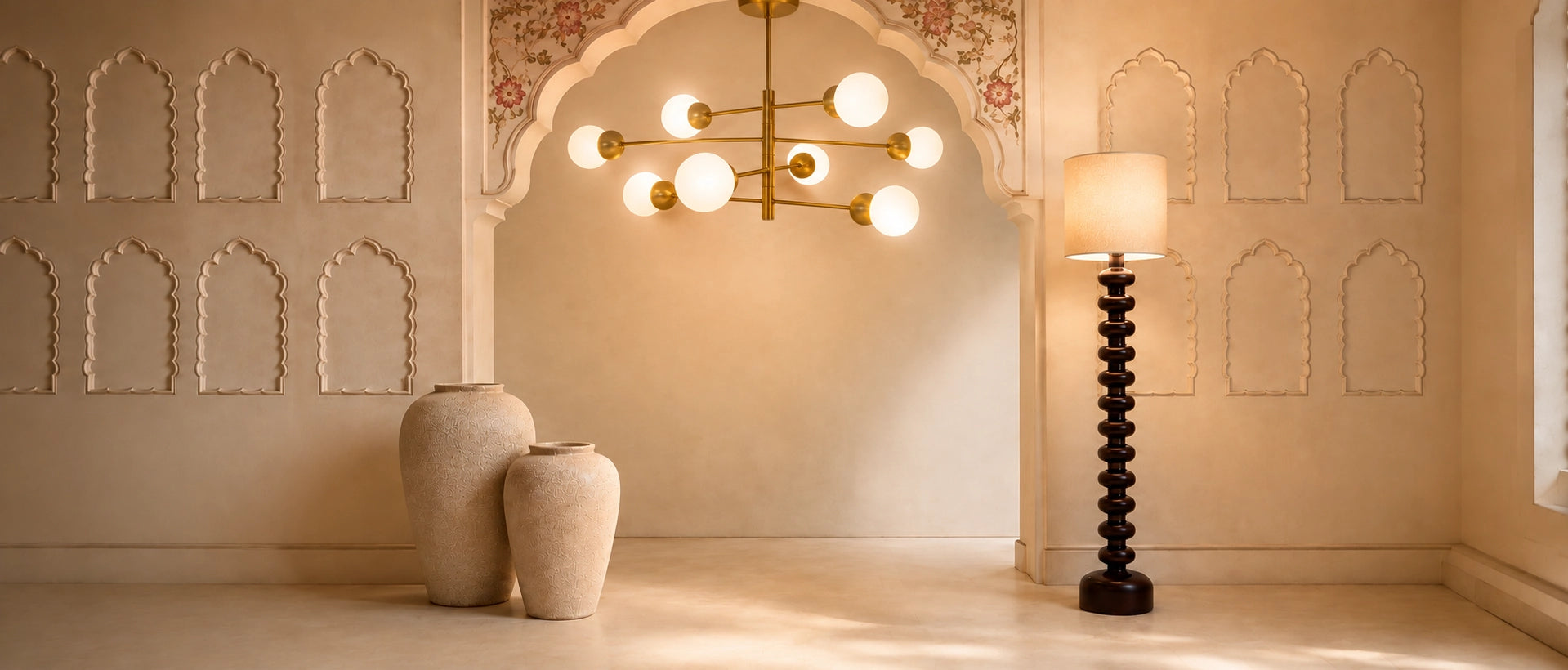 A styled interior scene with warm beige walls, decorative arch recesses, a brass chandelier with glowing globe bulbs, two large ceramic vases, and a tall black floor lamp with a cream shade.