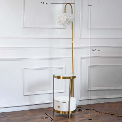 Feather shade floor lamp with gold finish side table and drawer showing 165 cm height and 35 cm width.