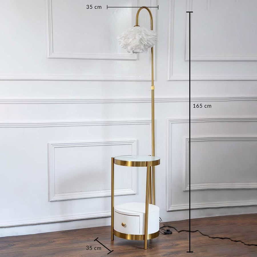 Feather shade floor lamp with gold finish side table and drawer showing 165 cm height and 35 cm width.