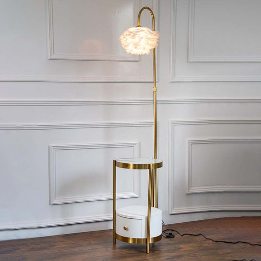 Modern gold floor lamp with frosted glass globe shade adding elegant ambient lighting for contemporary living room decor.