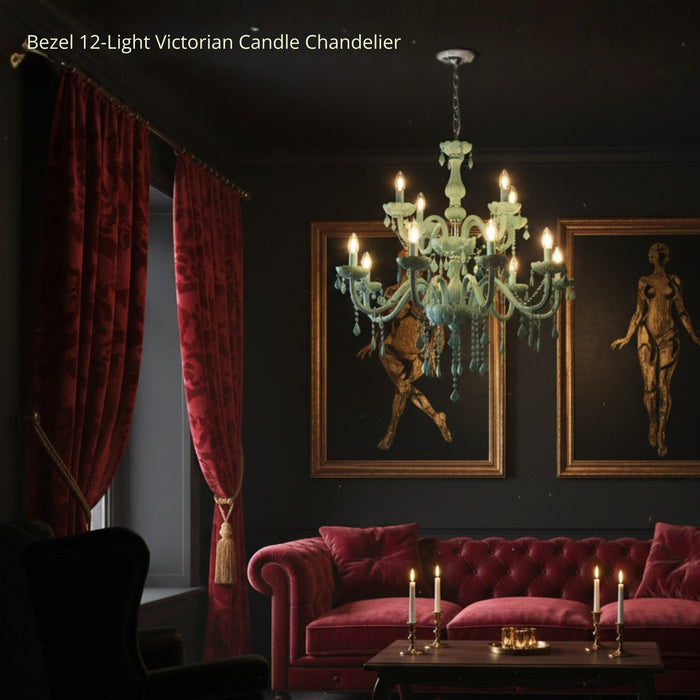 Bezel 12-Light Victorian Candle Chandelier - Green