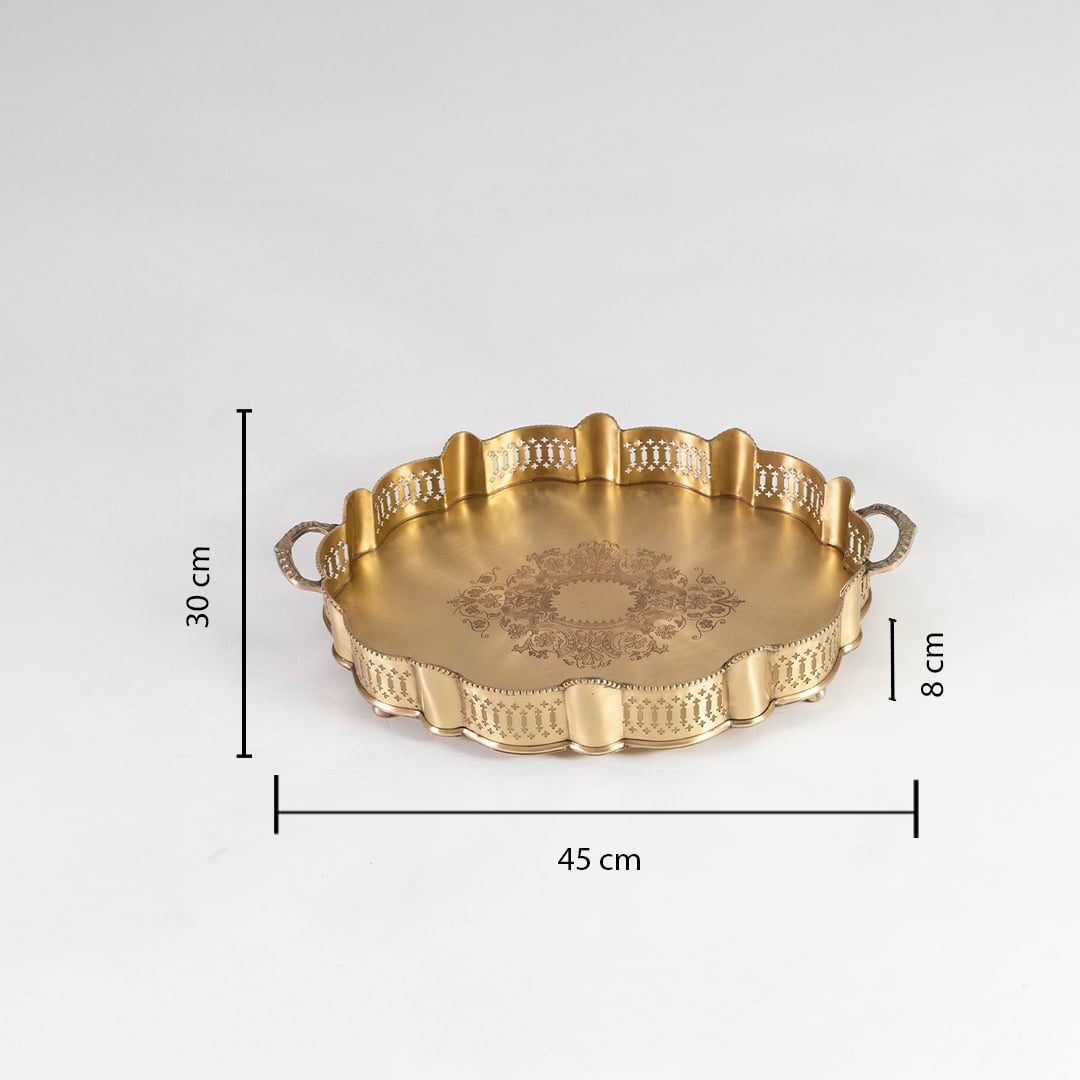 Gold brass serving tray measuring 40.5 cm in diameter and 8 cm in height displayed with scale for accurate product sizing.
