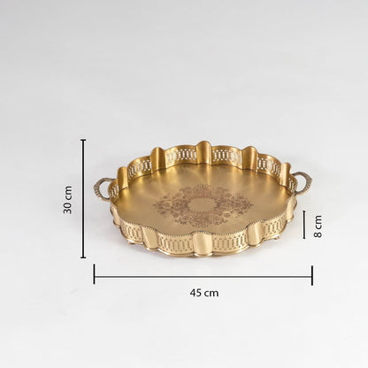 Gold brass serving tray measuring 40.5 cm in diameter and 8 cm in height displayed with scale for accurate product sizing.