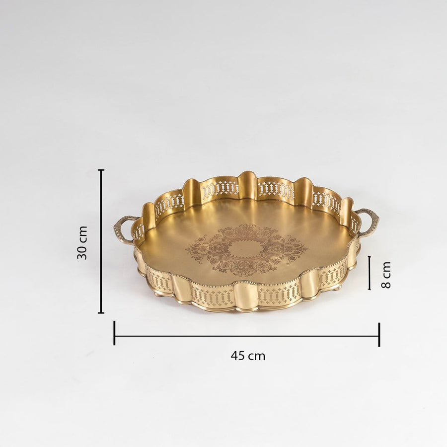 Gold brass serving tray measuring 40.5 cm in diameter and 8 cm in height displayed with scale for accurate product sizing.
