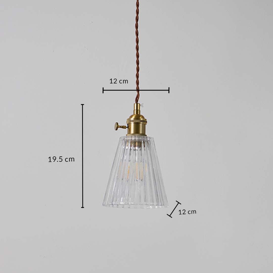 Clear glass pendant light with brass top and brown cord shown with 19.5 cm height and 12 cm width measurement detail.