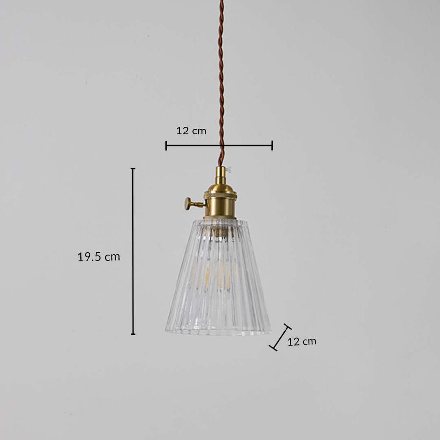 Clear glass pendant light with brass top and brown cord shown with 19.5 cm height and 12 cm width measurement detail.