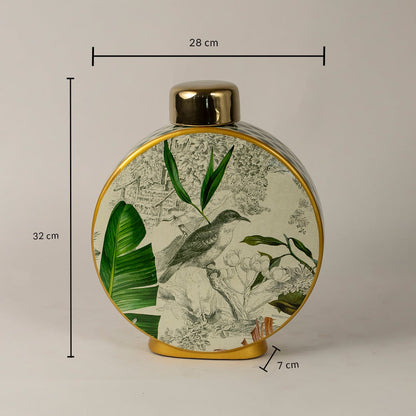 Tropical bird jar measuring 32 cm in height and 28 cm in width with hand-painted bird and foliage art.