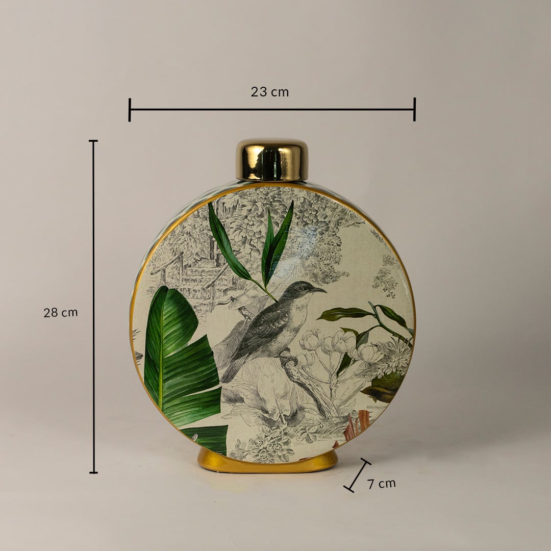 Tropical bird jar measuring 28 cm in height and 23 cm in width featuring gold rim and tropical bird print.