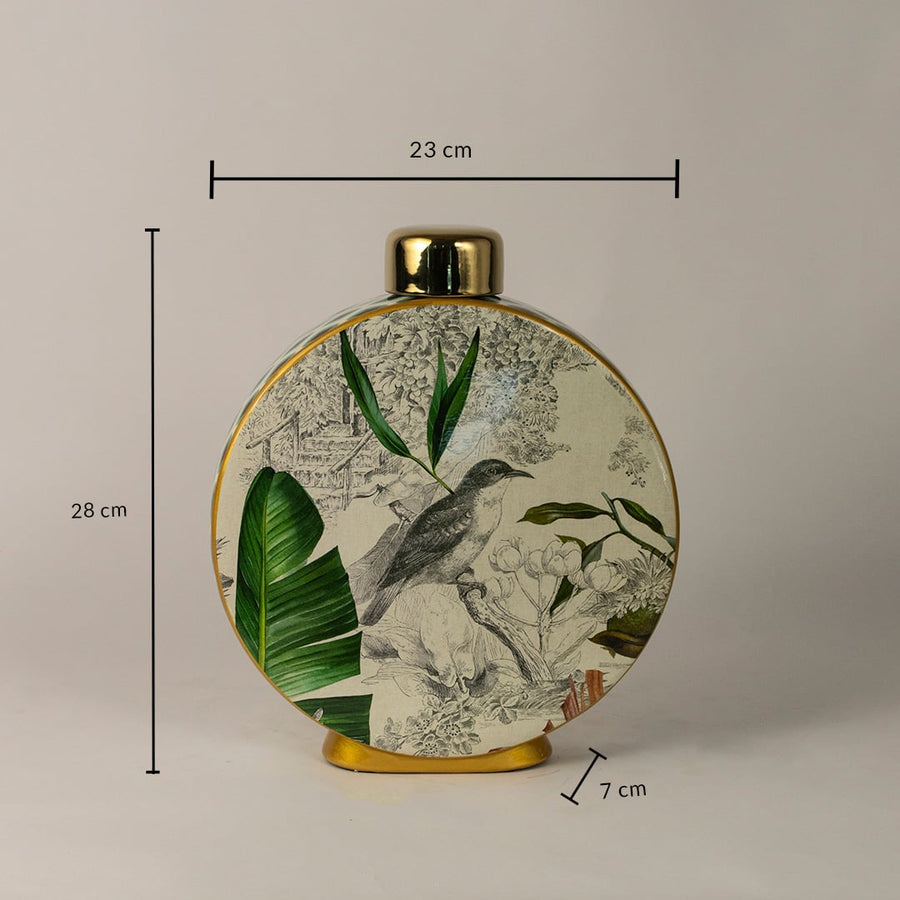 Tropical bird jar measuring 28 cm in height and 23 cm in width featuring gold rim and tropical bird print.