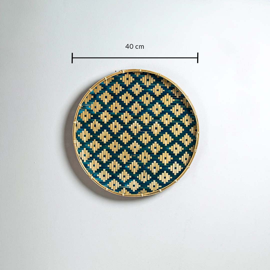Round bamboo wall plate dimension image showing 40 cm width ideal for wall decoration and sustainable home styling.