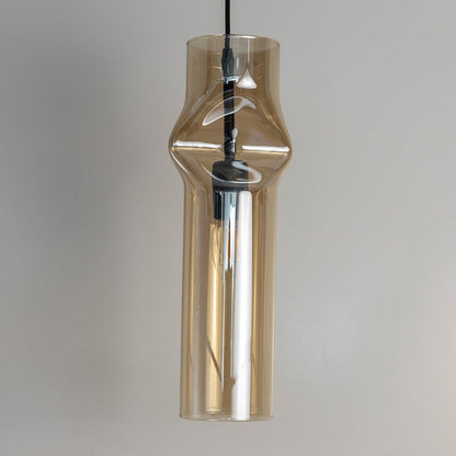 Chrome pendant light unlit softly against white background emphasizing its polished reflective metal surface.