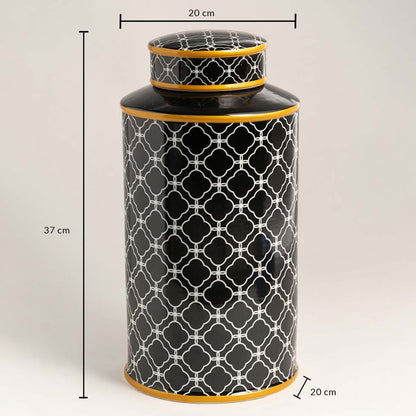 Black patterned ceramic jar with golden rim size shown as 37 cm height and 20 cm width for reference.