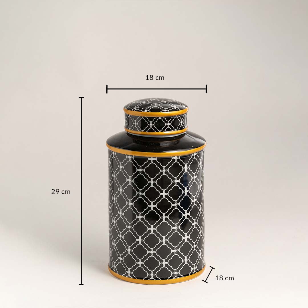 Black patterned jar with golden rim showing 29 cm height and 18 cm width for reference.