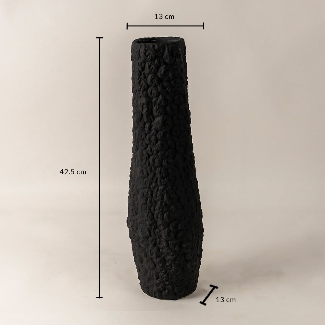Black textured ceramic vase shown with 42.5 cm height and 13 cm diameter perfect for stylish modern interior decoration.