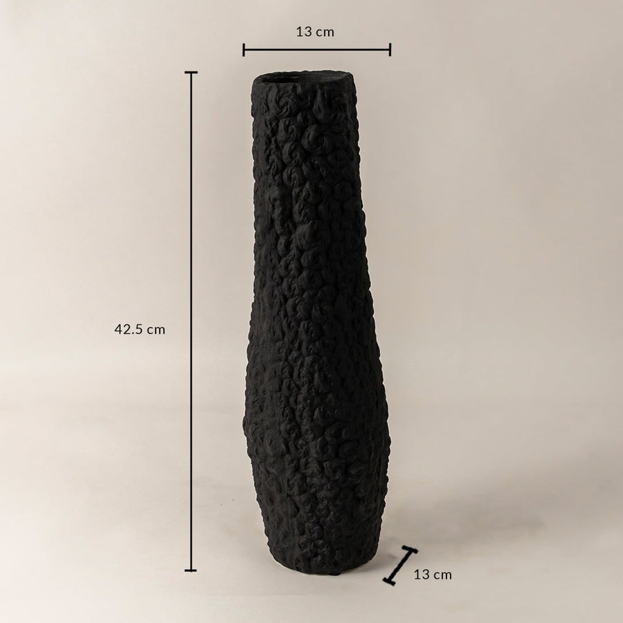 Black textured ceramic vase shown with 42.5 cm height and 13 cm diameter perfect for stylish modern interior decoration.
