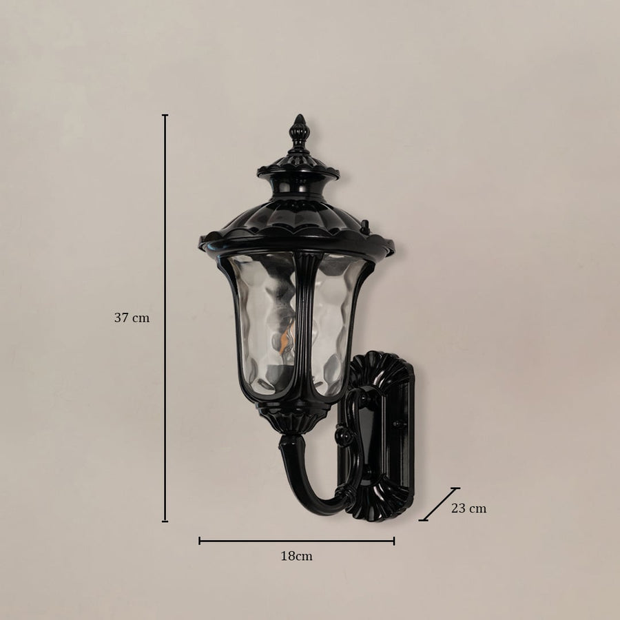 Black outdoor wall lantern shown with 37 cm height 18 cm width and 23 cm depth highlighting size and outdoor placement suitability.