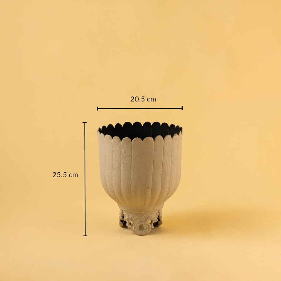 Cream metal scalloped planter decor with width 20.5 cm and height 25.5 cm shown clearly for accurate size reference.