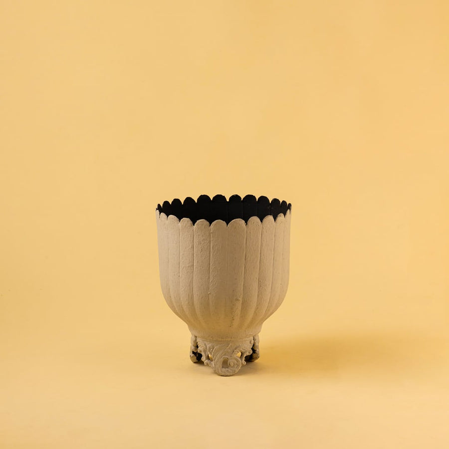 Cream metal scalloped planter decor on a clean white background highlighting its elegant textured finish for home styling.