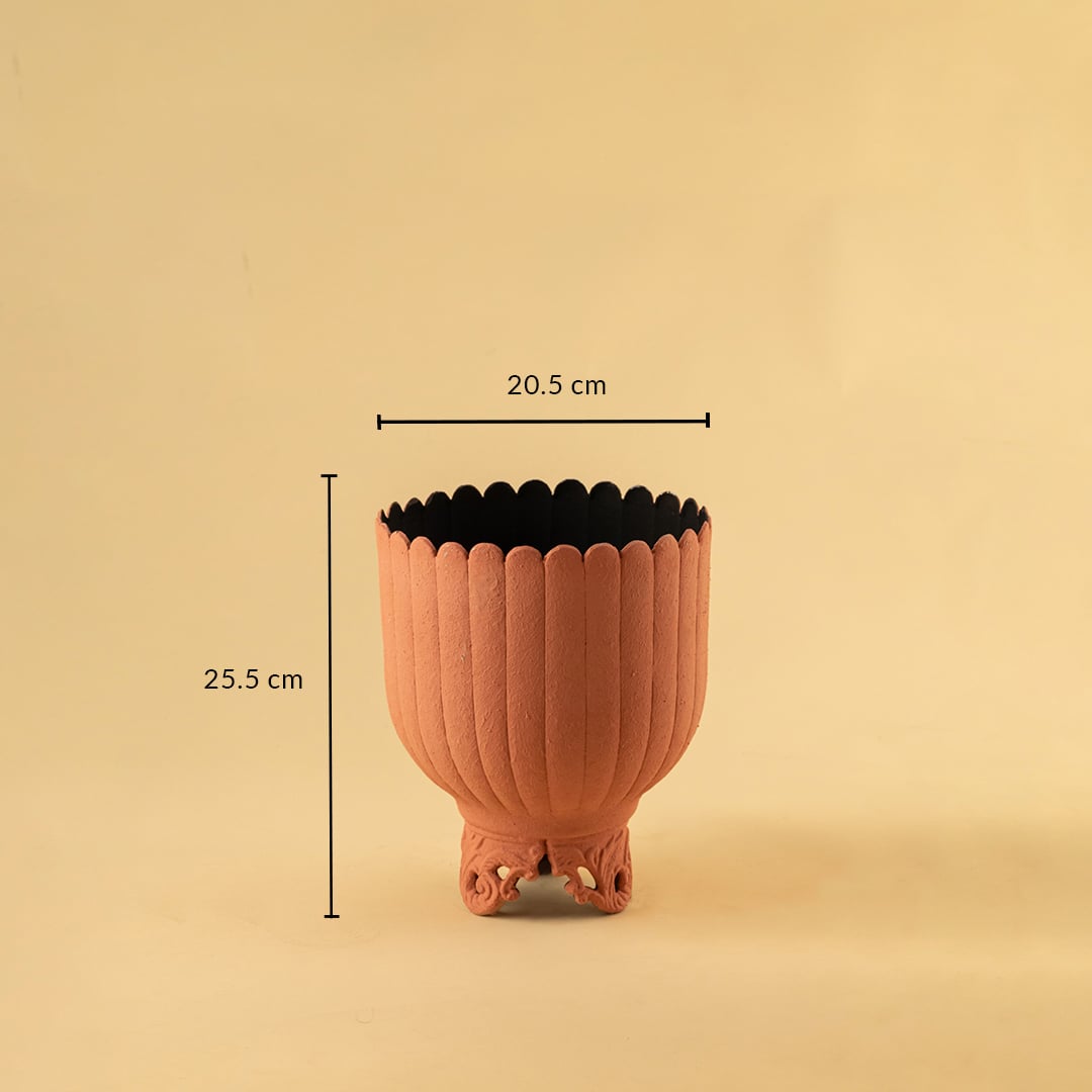 Terracotta metal scalloped planter decor with width 20.5 cm and height 25.5 cm shown clearly for accurate size reference.