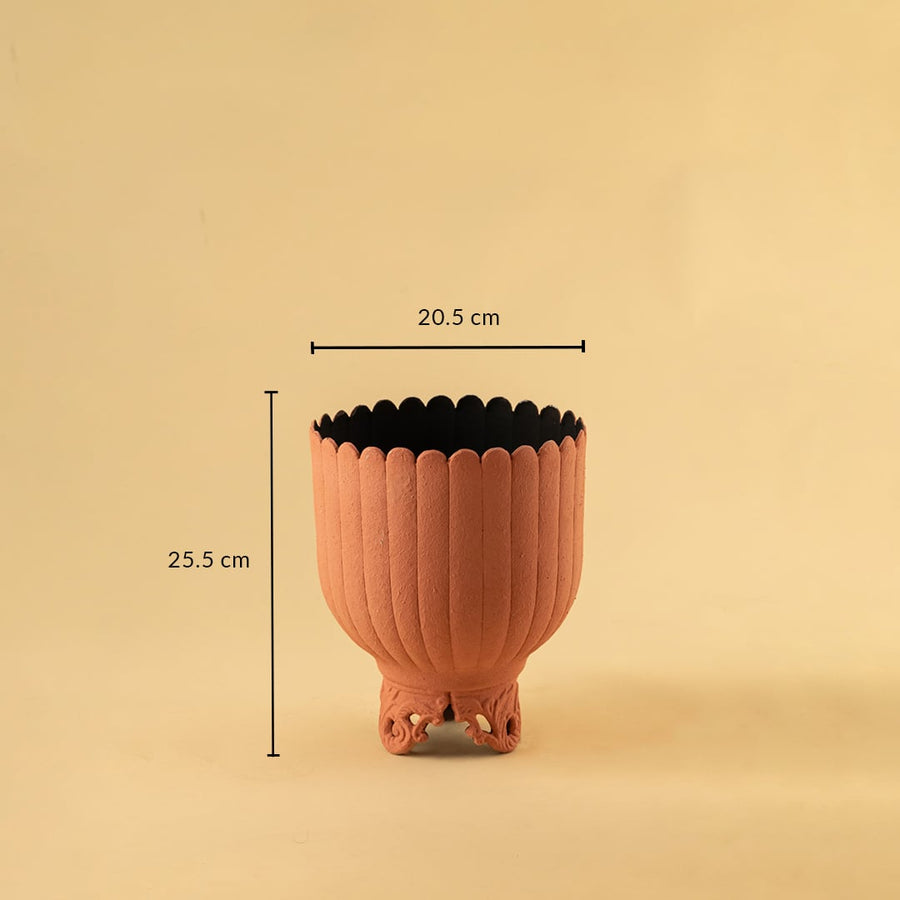 Terracotta metal scalloped planter decor with width 20.5 cm and height 25.5 cm shown clearly for accurate size reference.