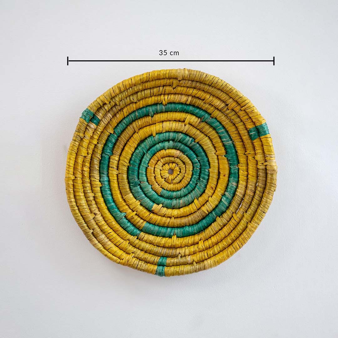 Circular woven wall basket in yellow green and natural tones showing 25 cm diameter for compact interior wall Decor styling.