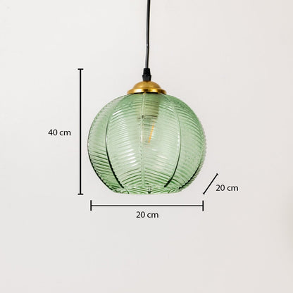 Green ribbed glass pendant light dimension image with 20 cm width and 40 cm height for modern dining placement.