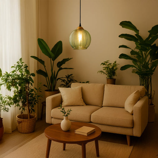 Green ribbed glass and gold metal pendant light adding warmth to modern living room decor spaces.