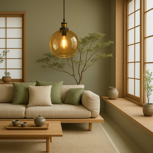 Amber glass globe pendant light above sofa with warm illumination adding modern elegance and cozy living room decor.