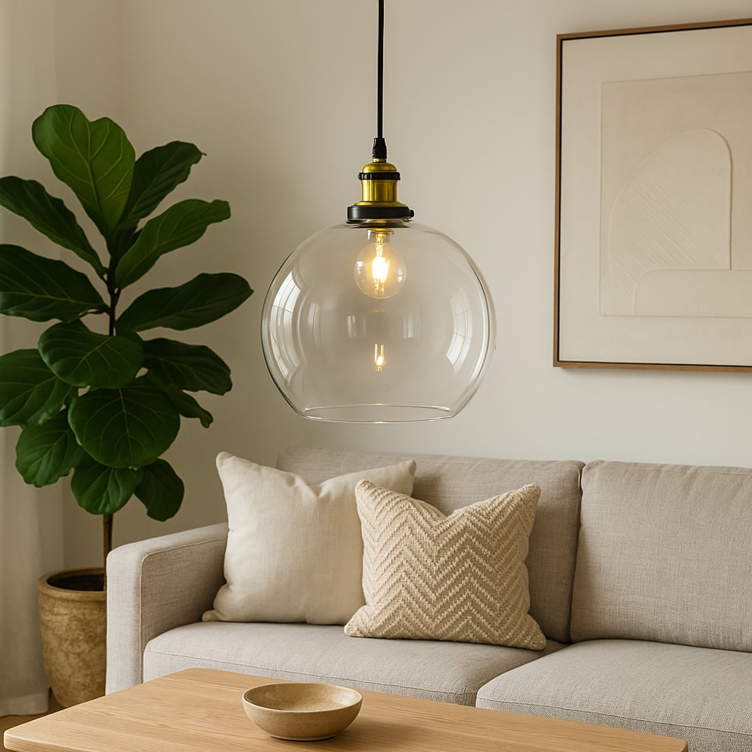 Amber glass pendant light above sofa with warm illumination adding modern elegance and cozy home decor appeal.