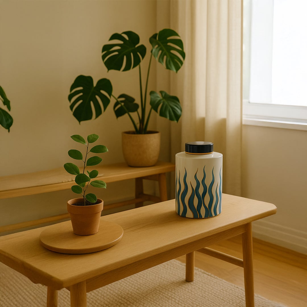 White and blue ceramic jar with gold detailing styled on table adding elegant charm to modern home interior decor.
