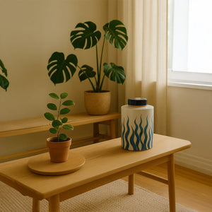Blue Seaweed Painted Ceramic Jar - Large