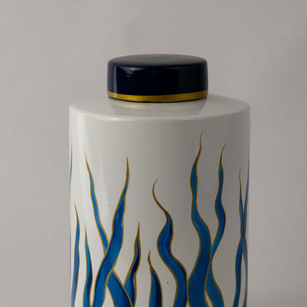 Blue Seaweed Painted Ceramic Jar - Small