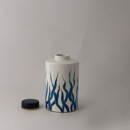 Blue Seaweed Painted Ceramic Jar - Small