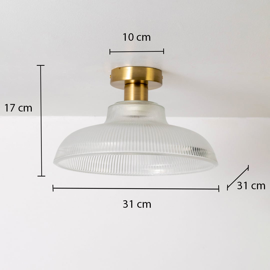 White ribbed glass ceiling light with 31 cm diameter 17 cm height and 10 cm canopy for elegant decor spaces.