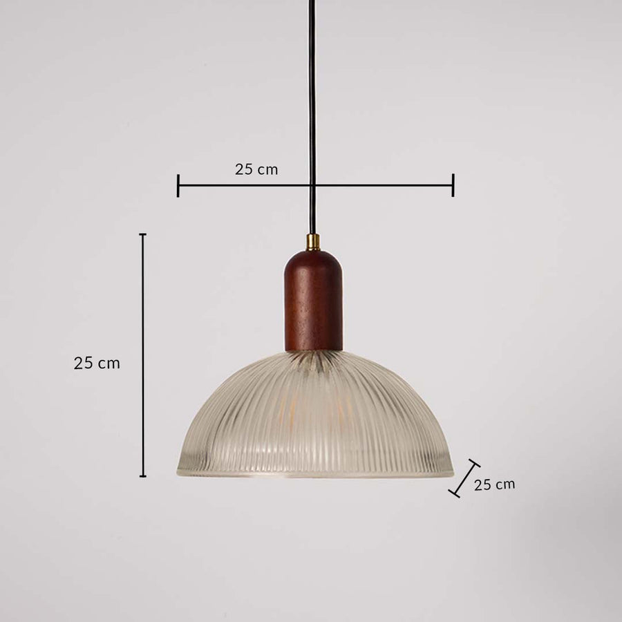 Clear ribbed glass pendant light dimension image with 25 cm width and 25 cm height for modern dining placement.