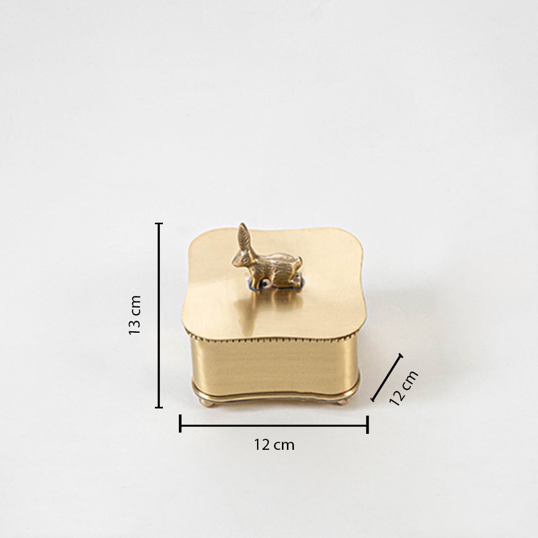 Square gold brass rabbit box measuring 13 cm in height and 12 cm in width and depth displayed with measurements on a white background.