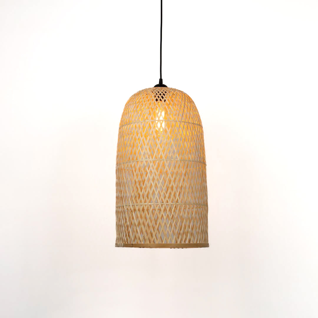 Tall woven rattan pendant light with cylindrical shape natural hanging lamp for living room bedroom boho decor lighting.

