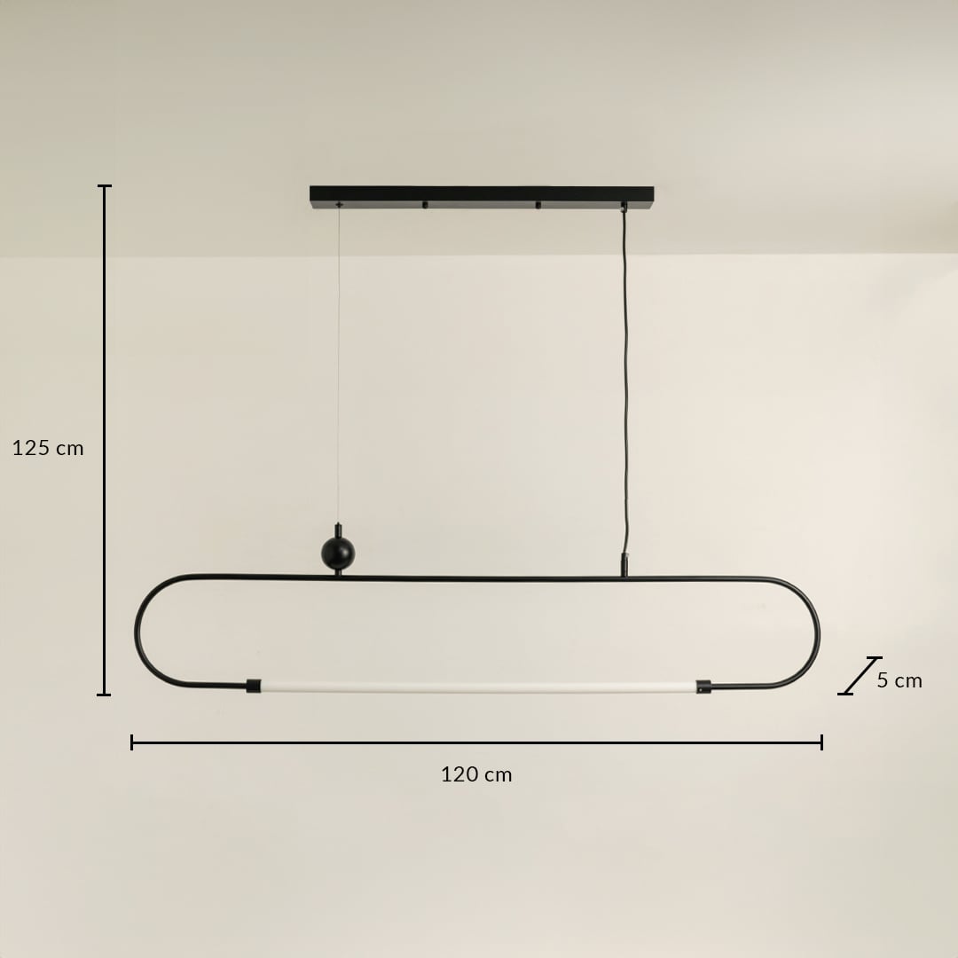 Black metal linear LED pendant light measuring 125 cm height and 120 cm width for modern interior lighting.